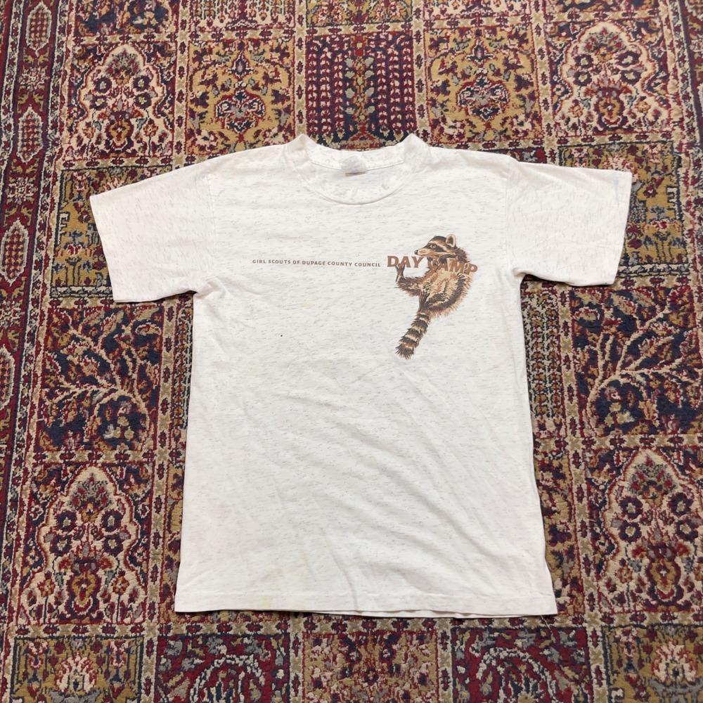 VTG 80s 90s Belton Girl Scouts Day Camp Raccoon T-Shirt Grey Single Stitch M USA